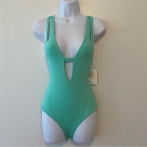 BECCA Rebecca Virtue Mint Green One Piece Swimsuit Size Small Cross Back Plunge